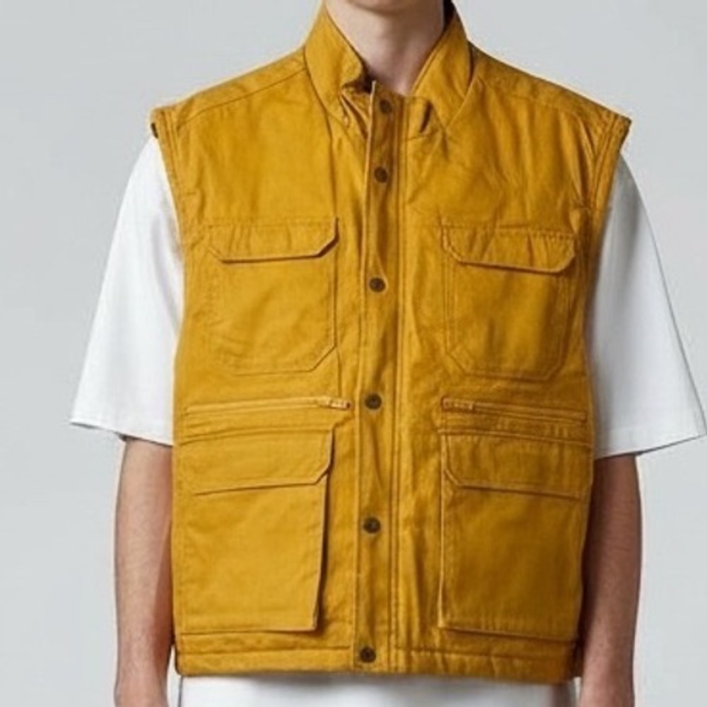 Woolrich Vest Yellow Canvas Quilted Bird‎ Print Lining Mens XL Utility Pockets